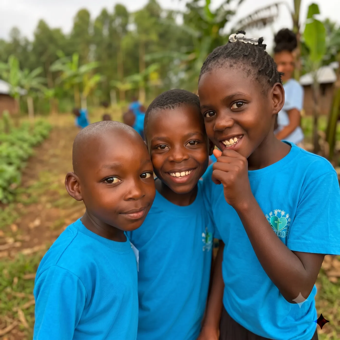 Three children smiling together in Roots of Mercy shirts